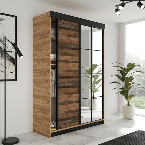 KIER FURNITURE Schiebegarderobe LAMARO mit Spiegel - Schrank Schlafzimmer – Schlafzimmerschrank – Wardrobe Bedroom – Kleiderschränke – Kleiderschrank - 138x205x59 - Eiche Handwerk Gold & Old Style