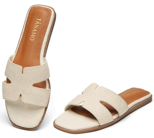 Tanamo Damen-Sandalen, bequem, flach, Sommer, elegant, lässig, Strand, offene Zehen, Slipper, Leder, flache Sandalen, Bast-Beige, 37.5 EU
