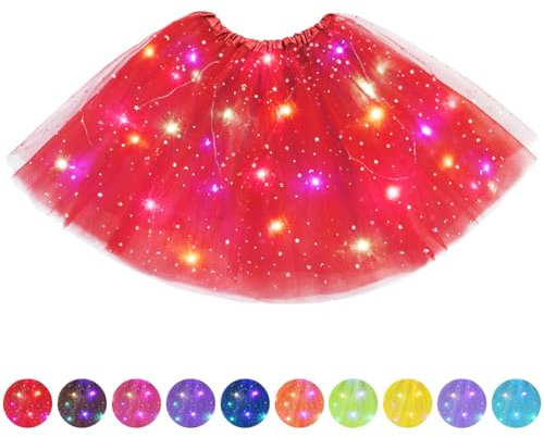 AYBUY Gonna Tulle LED, Gonne Tutu Tulle a 3 Strati da Ballo, Gonna Luminosa LED con Paillettes Stelle, LED Tutu Gonna Rosso per Carnevale Natale Halloween Matrimonio