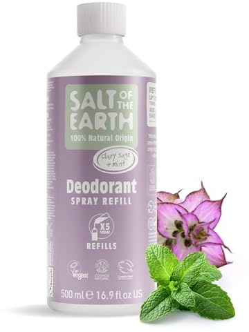 Salt of the Earth - Natural Deodorant Spray Refill - Clary Sage & Mint | 500ml Bottle - Spray x5 Refills, Long-Lasting Protection & Vegan Formula, 100% Natural Origin Ingredients