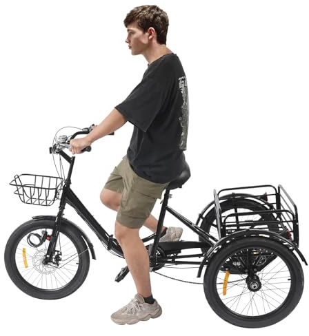 OUKANING Klappbare Dreiräder Für Erwachsene 1.55-1.75m, Kohlenstoffstahl, 7 Gänge Dreirad 20 Zoll Erwachsene, Verstellbares, Unisex, Geschenk (Schwarz)