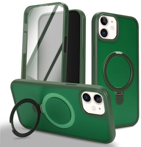 Zouzt for iPhone 12 Matte Case and Screen Protector 12 Pro Case with Glass Screen Protector 360 Full Body Protective Shockproof Frosted Stand Phone Case, Anti-Fingerprint - Dark Green