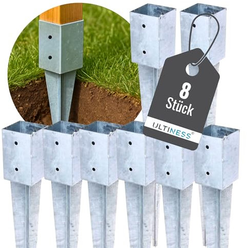 Ultiness® Pfostenträger für Holzpfosten Einschlaghülse 70x70/90x90 wetterfeste Bodenhülse aus Stahl Feuerverzinkt - Stabile Pfostenanker im Außenbereich - Einschlagbodenhülse (8 St., 91 x 91/750 mm)