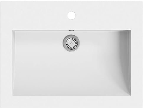 Lavabo de granito 600 × 450 × 120 mm Blanco – Lavabo de resina de cuarzo para baño y cocina – Duradero y fácil de limpiar – Perfecto para hogares modernos