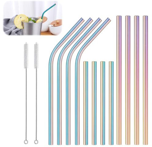 Supecesorio Pajitas de metal reutilizables, 12 unidades, pajitas de acero inoxidable, pajitas plegables con 2 cepillos, para fiestas, batidos, burbujas, té, café, cóctel, leche, zumo de yogur