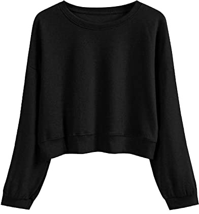 Generisch Einfarbiger Rundhalsausschnitt für Damen, lässig, langärmelig, kurz Geschnittener Pullover Oberbekleidung Damen (Black, M)