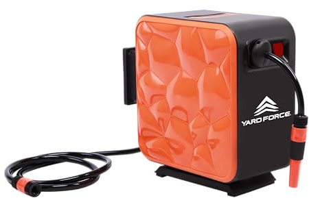 Yard Force HW HR20B Automatischer Gartenschlauchaufroller 20 m – 180° Quick-Release Wand¬halter, Auto-Rewind, 8 bar, inkl. Sprühdüse & Adapter-Set