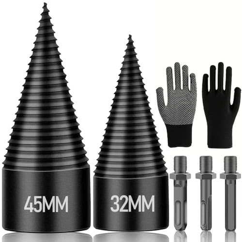 Holzspalter Schraube Kegel Set,32mm + 45mm Bohrkegel holzspalter mit 3 Bohrgriffe,Spaltholzkegel,Schraube Kegel Schaft mit Bohrmaschine, Akkuschrauber