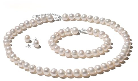 YAMI Freshwater Pearl Jewellery Set (Necklace + Bracelet + Earrings) Pure Natural Women's Pearl Necklace, Pearl Bracelet, Pearl Earrings 7-9mm Elegant and Exquisite Fine Jewellery