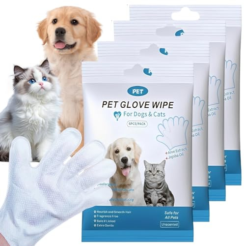 KUWUNG 24 Stück Handschuhtücher für Hunde und Katzen, Einweg Hunde Waschhandschuhe, Desodorierende Waschhandschuh Hund Geruchlos Parfümfrei & Hautfreundlich Saubere Pfoten und Körper