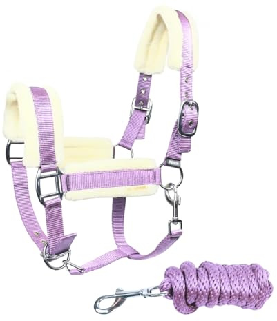 JA Horse JA4006 Premium verstellbar Halfter Set Karabiner, Lavender, Cob | 3-Fach Verstellung inkl. Führstrick, Weich gepolstertes Stallhalfter, Verstellbarer Kinnriemen und Karabinerhaken