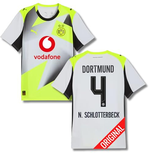 PUMA Original BVB Trikot Herren [Away 25/26] Offizielles Borussia Dortmund Trikot [N. Schlotterbeck 4] Fussball Sportbekleidung Sport Tshirts Herren Fußball Shirt Männer I Gr. L