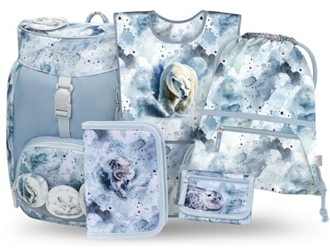 Baagl Schulranzen Jungen Set 5 Teilig Airy Schulrucksack 16,5 l - Polar | Schultasche für die Grundschule enthält ein Federmäppchen, eine Schürze für den Kunstunterricht und einen Brustbeutel.