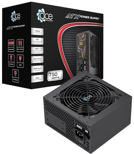 ACE 750W PSU, ATX Power Supply 120mm Quiet Fan, PSU 750W Flat Black Cables