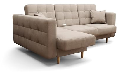O-Sofa Ecksofa Kongo RBN12, Eckcouch in L-Form mit Schlaffunktion, Farbe: Beige, Velourstoff, Ottomane Links