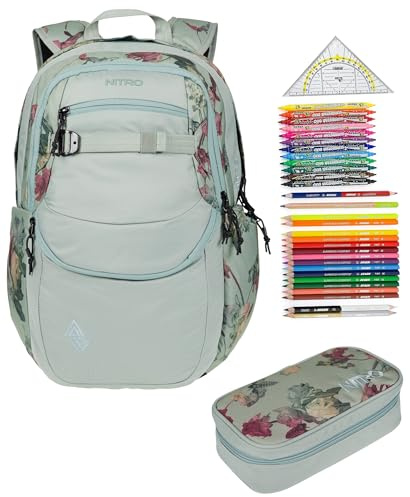 NITRO Schulrucksack 3 Teile Set Future Hero Dead Flower 1983 rmv | Jungen Mädchen Schultasche Schulmappe Schulrucksackset mit 31tlg. Stifte Füllung