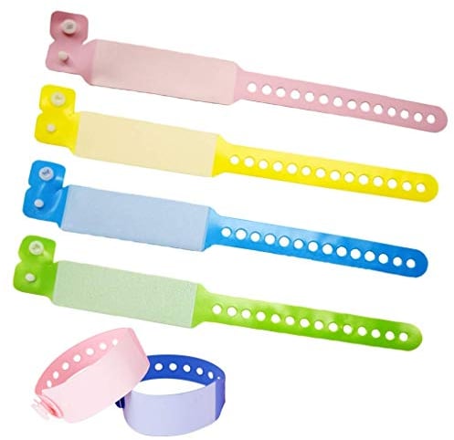 SwirlColor Id Armband Kinder, 100 Pack Einweg Event Armbänder PVC SOS Notfall Armband für Kinder Sicherheits Armband- (Rosa+Gelb+Blau+Grün)