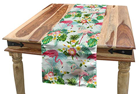 ABAKUHAUS Flamingo Tischläufer, Frischer exotischer Dschungel, Esszimmer Küche Rechteckiger Dekorativer Tischläufer, 40 x 225 cm, Grün Rosa