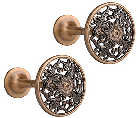 Lewondr Vorhang Raffhalter, 2 Stücke Wand Vorhänge Haken, aus Vintage-Stil Metallgravur Handwerk, Dekorative Kleiderbügel für Zuhause, Wohnzimmer Badezimmer Schrank Kleiderhaken - Messing Sonnenblume