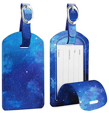 [2 Stück] Fintie Kofferanhänger aus Kunstleder, Gepäckanhänger ID Etikett mit Adressschild Namenschild für Reisetasche Koffer, Sternenhimmel