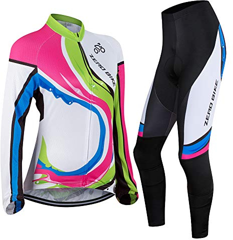 ZEROBIKE Damen Atmungsaktiv Schnelltrocknend Fahrradtrikot Set, Outdoor Lange Ärmel Radsport-Shirt + 3D Gel Gepolsterte Fahrradhose, XL, 005