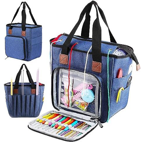 JOZEA Tragbare Aufbewahrungstasche für Wolle, Organizer für Garne, Häkelnadeln, Stricknadeln,Handarbeitstasche für Stricken(Denim blau)
