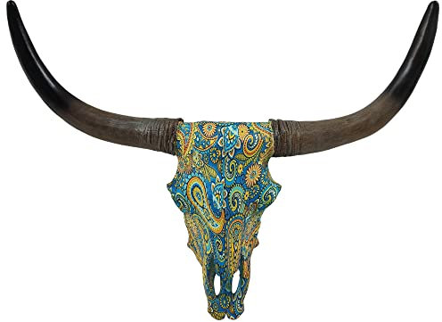 DeLeon Resin Paisley Longhorn Skull Wall Mounted Cow Head Decor Hanging Antler Horn Art
