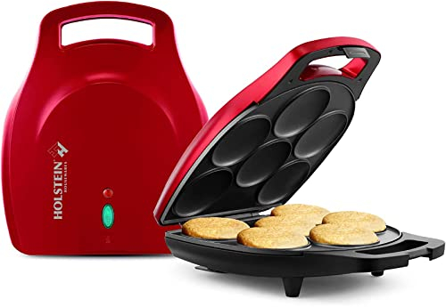 Holstein Housewares HH-09037017RM - Máquina antiadherente de 6 secciones, multialimentos, Arepas, mini panqueques, pasteles de maíz y más, aluminio, rojo metálico/negro