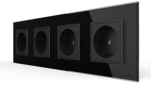 LIVOLO Schwarz 4 Fach Schuko Steckdose VL-C7C4EU-12-A Schwarz Schutzkontakt mit Kindersicherung Panel aus Kristallglas EU Standard Wandsteckdose