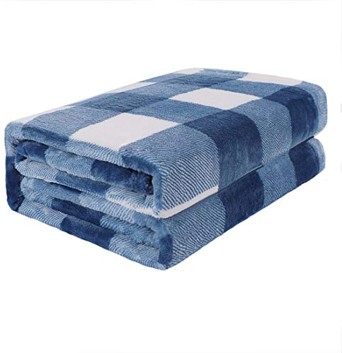 PICCOCASA Couverture Plaid Lit pour Canapé en Molleton Flanelle Peluche Carreaux Buffalo Chaude Bleu et Blanc 130 x 150 cm