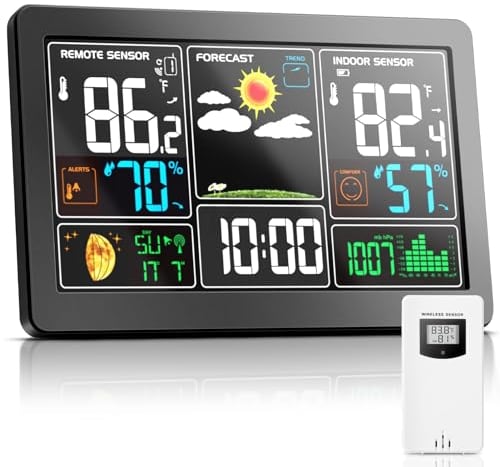 OULE GmbH wetterstation funk mit 1 außensensor, thermometer innen außen,Hygrometer innen,wetterstationen innen und außentemperatur funk mit wettervorhersage,DCF-Funkuhr (Schwarz 1+1)