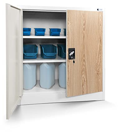 Jan Nowak Kleiner Aktenschrank C001B Büroschrank Metallschrank Aufbewahrungsschrank 2 Verstellbare Fachböden Pulverbeschichtet Abschließbar 92,5 cm x 90 cm x 40 cm (Weiß-Holzoptik)