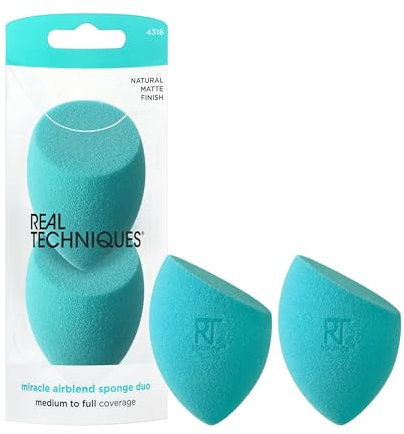 Real Techniques Miracle Airblend Makeup Sponge, Matte Makeup Blending Sponge, For Liquid, Cream, & Powder Products, Offers Medium To Full Coverage, Foundation Sponge, Latex-Free Foam, 2 Count