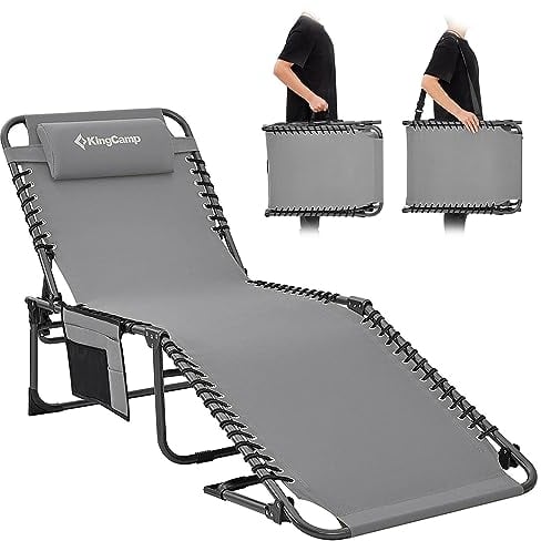 KingCamp Bain de Soleil Pliants 5 Positions Réglable,Chaise Longue inclinable Pliable,Lit de Camping Pliant avec Oreiller Poche Charge Max 120kg Transat de Relaxation pour Plage Jardin Camping Voyage
