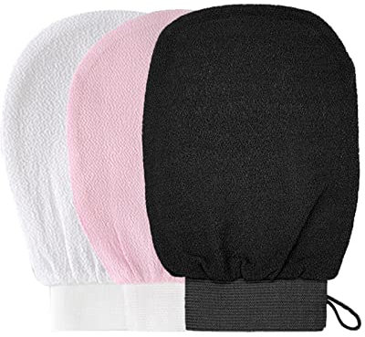 Beauty Exfoliating Glove Mitt Body Scrub for Bath Shower Spa Hand Exfoliator Gloves, Dead Skin Cell Remover, Deep Exfoliation Scrubber, White/Pink/Black PACK OF 3