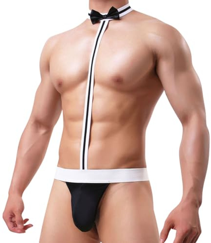 ROSVAJFY Men's Waiter Cosplay Bodysuit Bow Tie Mankini Thong Underwear | Sexy Stretchy G-String Leotard Suspender Butler Borat Jumpsuit Outfit, One Piece Swimwear Costume Fancy Dress Halloween Party