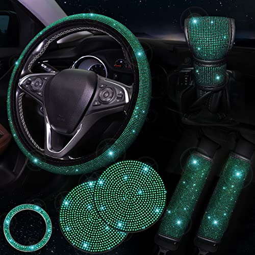 ToBeQueen Green Diamond Bling Car Accessories Set, 7 Pack: Steering Wheel Cover (15 inch), Seat Belt Cushions (2), Gear Shifter Cover, Push Start Button Cover, Car Cup Coasters (2), Green