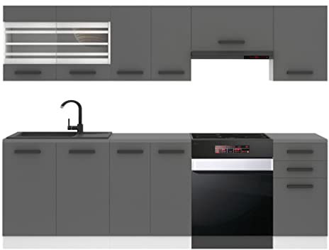 Belini Küchenzeile Küchenblock Lily - Küchenmöbel 240 cm Einbauküche Vollausstattung ohne Elektrogeräten mit Hängeschränke und Unterschränke, ohne Arbeitsplatten, Silber matt