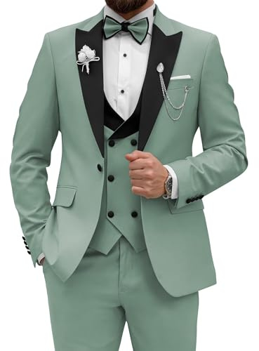 Wangyue Men's Tuxedo Suit 3 Piece Slim Fit Suit for Men Tuxedo for Men Wedding Party Dinner Prom, Dusty Sage, S