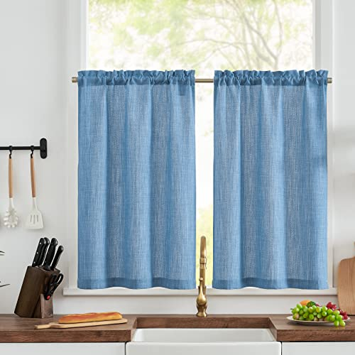 TOPICK Scheibengardine Bistrogardine Leinenoptik Fenstervorhang Gardine Gaze Schals Scheibengardinen Halbtransparent Fensterschal Küche Wohnzimmer Landhaus 2er-Set 63Bx60H(cm) Blau