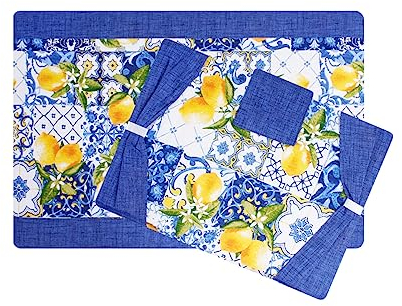 Set Coprifuochi + Copriforno Imbottito a Fantasia Vietrese Limoni Blu Giallo Cucina Forno Fornelli