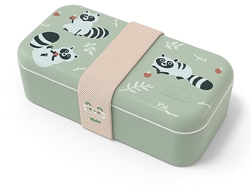monbento - Brotdose Kinder MB Foodie Raccoon - Waschbär - Bento Box Kinder Made in France - Ideal für Mittagessen oder Snacks in der Schule/Park - BPA Frei - Lebensmittelecht - Grün