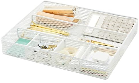 Annova Organiseur de tiroir de Bureau/Plateau de Rangement – Maille métallique avec séparateurs pour stylos, Accessoires de Bureau, Salle de Bain, Cuisine, Maquillage et Fournitures de Bureau (Blanc)
