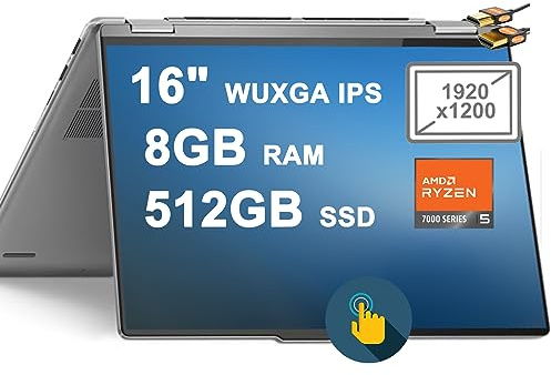 Lenovo Yoga 7 16 2-in-1 Laptop 16 WUXGA IPS Touchscreen AMD Hexa-Core Ryzen 5 7535U (Beats i7-1255U) 8GB RAM 512GB SSD Radeon 660M Graphic Backlit Fingerprint Reader Win11 + HDMI Cable, Gray