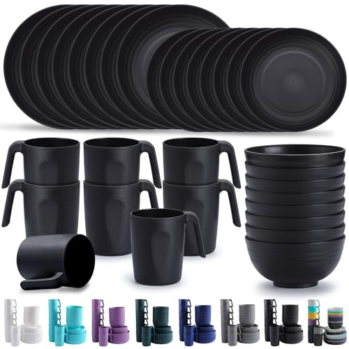 Kyraton Assiettes Service de Table plastique 32 PCS Service pour 8, réutilisable Assiettes légères Tasses Bols Vaisselle facile à transporter et à nettoyer Cuire au micro-ondes BPA sans lave-vaisselle