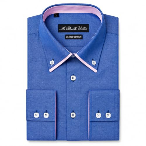 Italian Design Oxford Chemise à manches longues à col double pour homme Bleu et rose, Bleu/rose, M