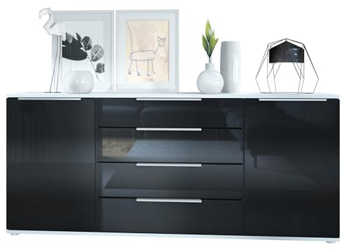 Vladon Sideboard Linio V2 166,5 x 72,5 x 35 cm Anrichte mit 2 Türen und 4 Schubladen, Korpus in Weiß matt, Fronten in Schwarz Hochglanz