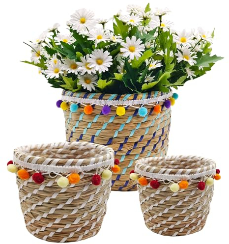 KMERCE - Lote de 3 fundas para macetas, para plantas de interior bohemio, macetas de jardín decorativas Seagrass, cesta de almacenamiento, diámetro 12 cm, 17 cm, 23 cm