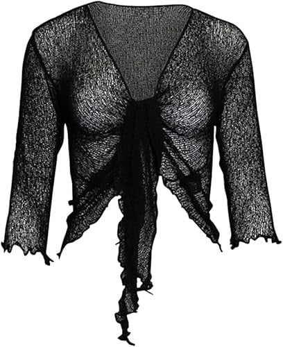 Kiran Fashion Womens Tie Up 3/4 Sleeve Ladies Fine Knit Bolero Cropped Stretchy Shrug Top Jacket Cardigan One Size