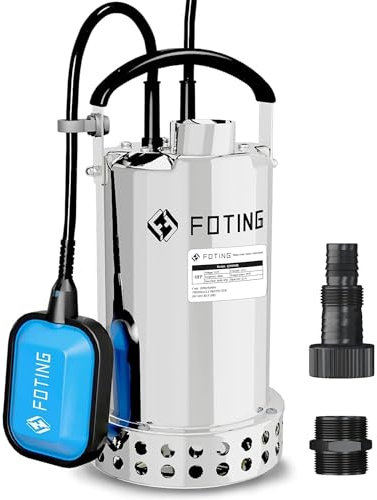 FOTING 3821GPH Pompe de puisard submersible en acier inoxydable avec interrupteur à flotteur automatique, élimination de l'eau propre/sale du sous-sol, piscine, étang
